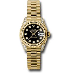  *Pre-Owned* Rolex Yellow Gold Lady-Datejust 26 Watch - Fluted Bezel - Black Diamond Dial - President Bracelet