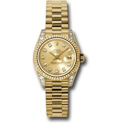  *Pre-Owned* Rolex Yellow Gold Lady-Datejust 26 Watch - Fluted Bezel - Champagne Diamond Dial - President Bracelet