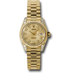  *Pre-Owned* Rolex Yellow Gold Lady-Datejust 26 Watch - Fluted Bezel - Champagne Jubilee Diamond Dial - President Bracelet