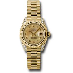  *Pre-Owned* Rolex Yellow Gold Lady-Datejust 26 Watch - Fluted Bezel - Champagne Decorated Mother-Of-Pearl Roman Dial - President Bracelet