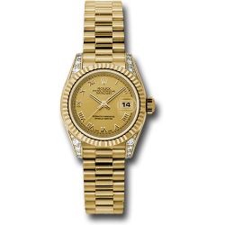  *Pre-Owned* Rolex Yellow Gold Lady-Datejust 26 Watch - Fluted Bezel - Champagne Roman Dial - President Bracelet
