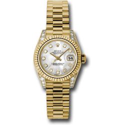  *Pre-Owned* Rolex Yellow Gold Lady-Datejust 26 Watch - Fluted Bezel - Mother-Of-Pearl Diamond Dial - President Bracelet