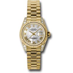  *Pre-Owned* Rolex Yellow Gold Lady-Datejust 26 Watch - Fluted Bezel - Mother-Of-Pearl Roman Dial - President Bracelet
