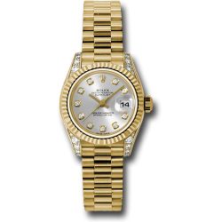  *Pre-Owned* Rolex Yellow Gold Lady-Datejust 26 Watch - Fluted Bezel - Silver Diamond Dial - President Bracelet