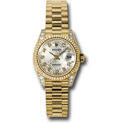  *Pre-Owned* Rolex Yellow Gold Lady-Datejust 26 Watch - Fluted Bezel - Silver Jubilee Diamond Dial - President Bracelet