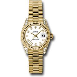  *Pre-Owned* Rolex Yellow Gold Lady-Datejust 26 Watch - Fluted Bezel - White Diamond Dial - President Bracelet