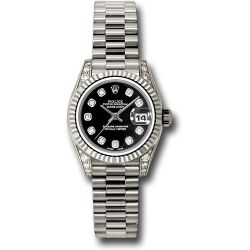   *Pre-Owned* Rolex White Gold Lady-Datejust 26 Watch - Fluted Bezel - Black Diamond Dial - President Bracelet