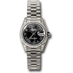  *Pre-Owned* Rolex White Gold Lady-Datejust 26 Watch - Fluted Bezel - Black Roman Dial - President Bracelet