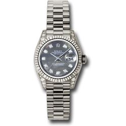  *Pre-Owned* Rolex White Gold Lady-Datejust 26 Watch - Fluted Bezel - Dark Mother-Of-Pearl Diamond Dial - President Bracelet