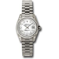  *Pre-Owned* Rolex White Gold Lady-Datejust 26 Watch - Fluted Bezel - Mother-Of-Pearl Diamond Dial - President Bracelet