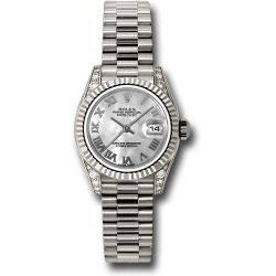  *Pre-Owned* Rolex White Gold Lady-Datejust 26 Watch - Fluted Bezel - Mother-Of-Pearl Roman Dial - President Bracelet