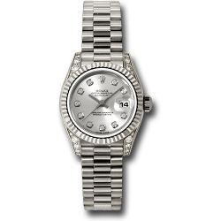  *Pre-Owned* Rolex White Gold Lady-Datejust 26 Watch - Fluted Bezel - Silver Diamond Dial - President Bracelet