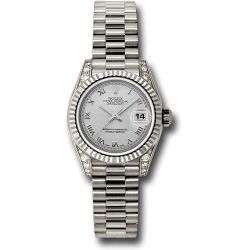  *Pre-Owned* Rolex White Gold Lady-Datejust 26 Watch - Fluted Bezel - Silver Roman Dial - President Bracelet