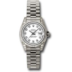  *Pre-Owned* Rolex White Gold Lady-Datejust 26 Watch - Fluted Bezel - White Diamond Dial - President Bracelet