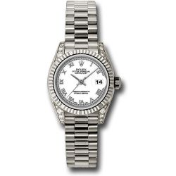 *Pre-Owned* Rolex White Gold Lady-Datejust 26 Watch - Fluted Bezel - White Roman Dial - President Bracelet