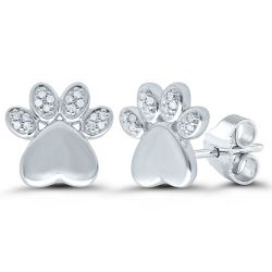 Front View Sterling Silver Diamond Puppy Paw Earrings
