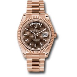  *Pre-Owned* Rolex Everose Gold Day-Date 40 Watch - Fluted Bezel - Chocolate Diagonal Motif Index Dial - President Bracelet