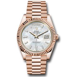  *Pre-Owned* Rolex Everose Gold Day-Date 40 Watch - Fluted Bezel - White Mother-Of-Pearl Dial - President Bracelet