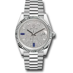  *Pre-Owned* Rolex Platinum Day-Date 40 Watch - Fluted Bezel - Diamond And Sapphire Paved Diamond Dial - President Bracelet