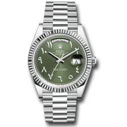  *Pre-Owned* Rolex Platinum Day-Date 40 Watch - Fluted Bezel - Olive Green Special Arabic Dial - President Bracelet