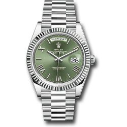  *Pre-Owned* Rolex Platinum Day-Date 40 Watch - Fluted Bezel - Olive Green Roman 6 Dial - President Bracelet