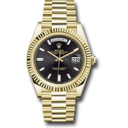  *Pre-Owned* Rolex Yellow Gold Day-Date 40 Watch - Fluted Bezel - Black Baguette Diamond Dial - President Bracelet