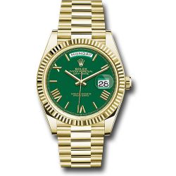  *Pre-Owned* Rolex Yellow Gold Day-Date 40 Watch - Fluted Bezel - Green Roman Dial - President Bracelet