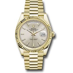  *Pre-Owned* Rolex Yellow Gold Day-Date 40 Watch - Fluted Bezel - Silver Diagonal Motif Index Dial - President Bracelet