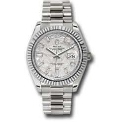  *Pre-Owned* Rolex White Gold Day-Date 40 Watch - Fluted Bezel - Meteorite Baguette Diamond Dial - President Bracelet
