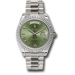  *Pre-Owned* Rolex White Gold Day-Date 40 Watch - Fluted Bezel - Olive Green Bevelled Roman Dial - President Bracelet