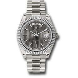  *Pre-Owned* Rolex White Gold Day-Date 40 Watch - Fluted Bezel - Dark Rhodium Stripe Motif Index Dial - President Bracelet