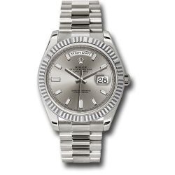  *Pre-Owned* Rolex White Gold Day-Date 40 Watch - Fluted Bezel - Silver Baguette Diamond Dial - President Bracelet
