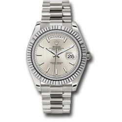  *Pre-Owned* Rolex White Gold Day-Date 40 Watch - Fluted Bezel - Silver Stripe Motif Index Dial - President Bracelet