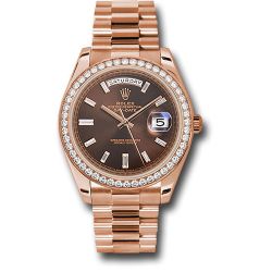  *Pre-Owned* Rolex Everose Gold Day-Date 40 Watch - Everose Gold Bezel - Chocolate Baguette Diamond Dial - President Bracelet