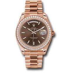  *Pre-Owned* Rolex Everose Gold Day-Date 40 Watch - Everose Gold Bezel - Chocolate Diagonal Motif Index Dial - President Bracelet