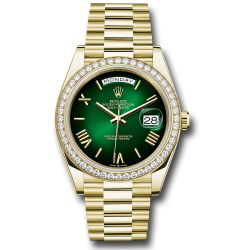  *Pre-Owned* Rolex Yellow Gold Day-Date 40 Watch - Diamond Bezel - Green OmbrÃ© Roman Dial - President Bracelet