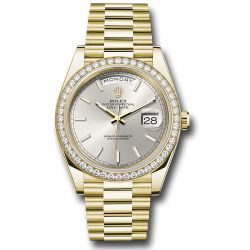  *Pre-Owned* Rolex Yellow Gold Day-Date 40 Watch - Diamond Bezel - Silver Index Dial - President Bracelet