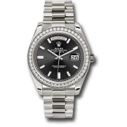  *Pre-Owned* Rolex White Gold Day-Date 40 Watch - White Gold Bezel - Black Baguette Diamond Dial - President Bracelet