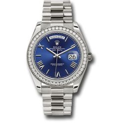  *Pre-Owned* Rolex White Gold Day-Date 40 Watch - Bezel - Blue Bevelled Roman Dial - President Bracelet