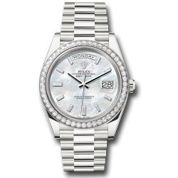  *Pre-Owned* Rolex White Gold Day-Date 40 Watch - Diamond Bezel - White Mother-Of-Pearl Dial - President Bracelet