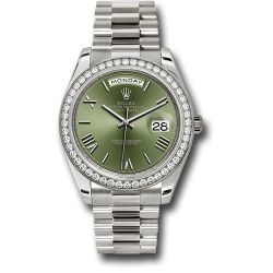  *Pre-Owned* Rolex White Gold Day-Date 40 Watch - Bezel - Olive Green Bevelled Roman Dial - President Bracelet