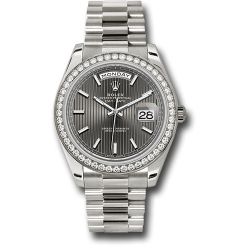  *Pre-Owned* Rolex White Gold Day-Date 40 Watch - Bezel - Dark Rhodium Stripe Motif Index Dial - President Bracelet