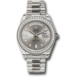  *Pre-Owned* Rolex White Gold Day-Date 40 Watch - White Gold Bezel - Silver Baguette Diamond Dial - President Bracelet