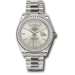  *Pre-Owned* Rolex White Gold Day-Date 40 Watch - Bezel - Silver Stripe Motif Index Dial - President Bracelet