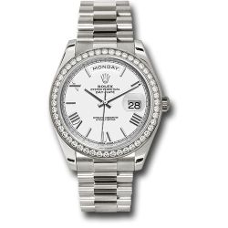  *Pre-Owned* Rolex White Gold Day-Date 40 Watch - Bezel - White Bevelled Roman Dial - President Bracelet