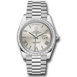  *Pre-Owned* Rolex 950 Platinum Day-Date 40 Watch - Baguette Diamond Bezel - Silver Quadrant Motif Bevelled Roman Dial - President Bracelet