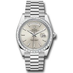  *Pre-Owned* Rolex 950 Platinum Day-Date 40 Watch - Baguette Diamond Bezel - Silver Strip Motif Index Dial - President Bracelet
