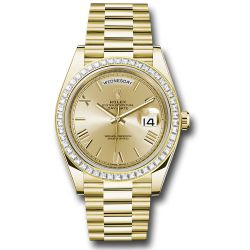  *Pre-Owned* Rolex Yellow Gold Day-Date 40 Watch - Baguette Diamond Bezel - Champagne Bevelled Roman Dial - President Bracelet