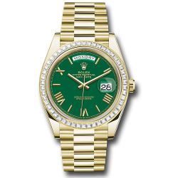  *Pre-Owned* Rolex Yellow Gold Day-Date 40 Watch - Baguette Diamond Bezel - Green Roman Dial - President Bracelet