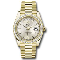  *Pre-Owned* Rolex Yellow Gold Day-Date 40 Watch - Baguette Diamond Bezel - Silver Diagonal Motif Index Dial - President Bracelet